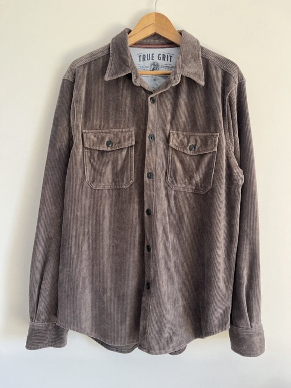 TRUE GRIT Wide Wale Corduroy Button-Down Taupe L Casual